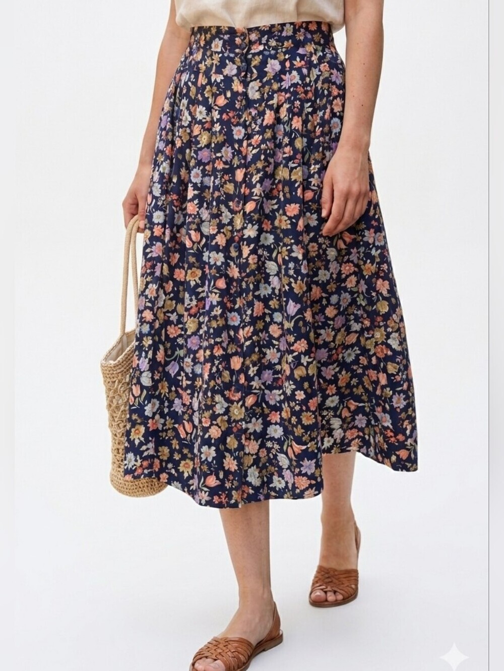 Vintage Lucky Italy Vintage Floral Button Front Pleated Silk Midi Skirt Navy L